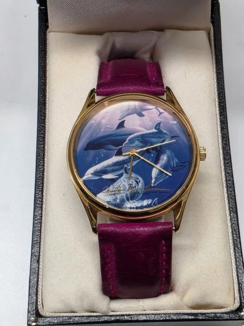 Vintage Christian Riese Lassen Dolphin Watch Pink Leather Band Original Box